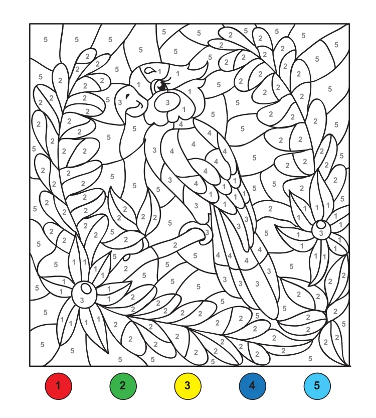 Parrot Design: Color by number for Adults, Black and White Illustration