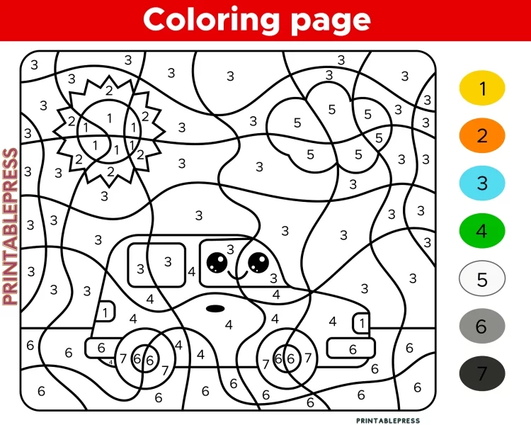 Cute Kawaii Car, Educational Game, Number Coloring Page for Preschool Children